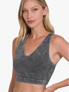 Zenana Trista Washed Ribbed Seamless V-Neck Racerback Padded Bra Ash Black S/M